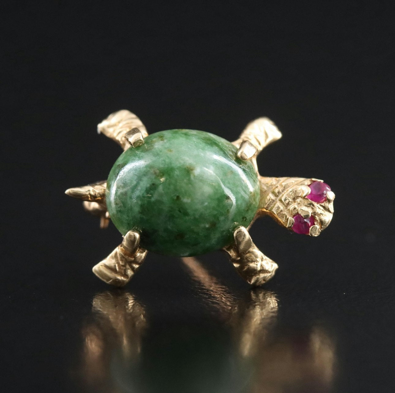 14k Nephrite &amp; Ruby Turtle Brooch image 0