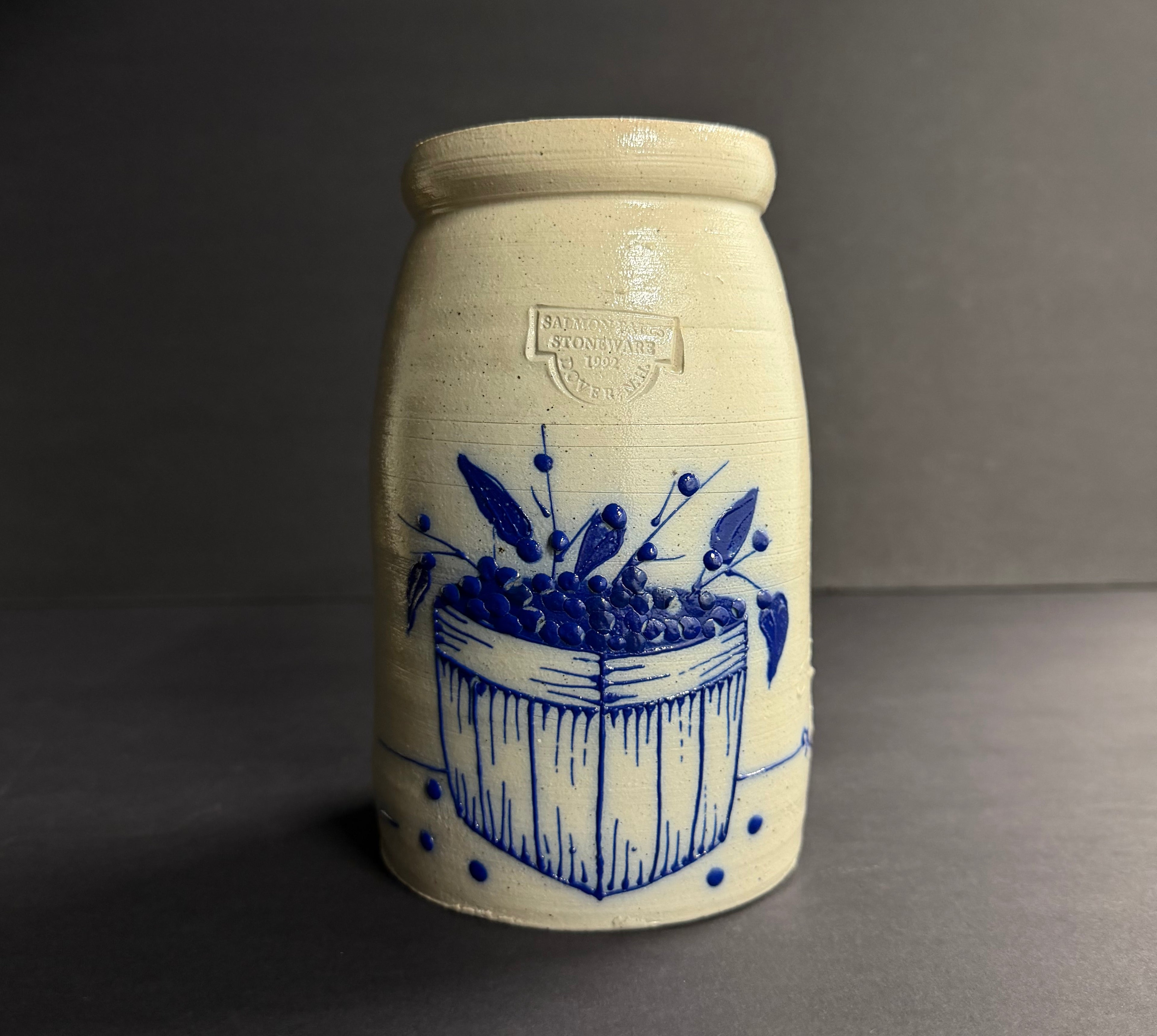 1992 Salmon Falls Pottery Blueberry Basket Vase Crock Stoneware