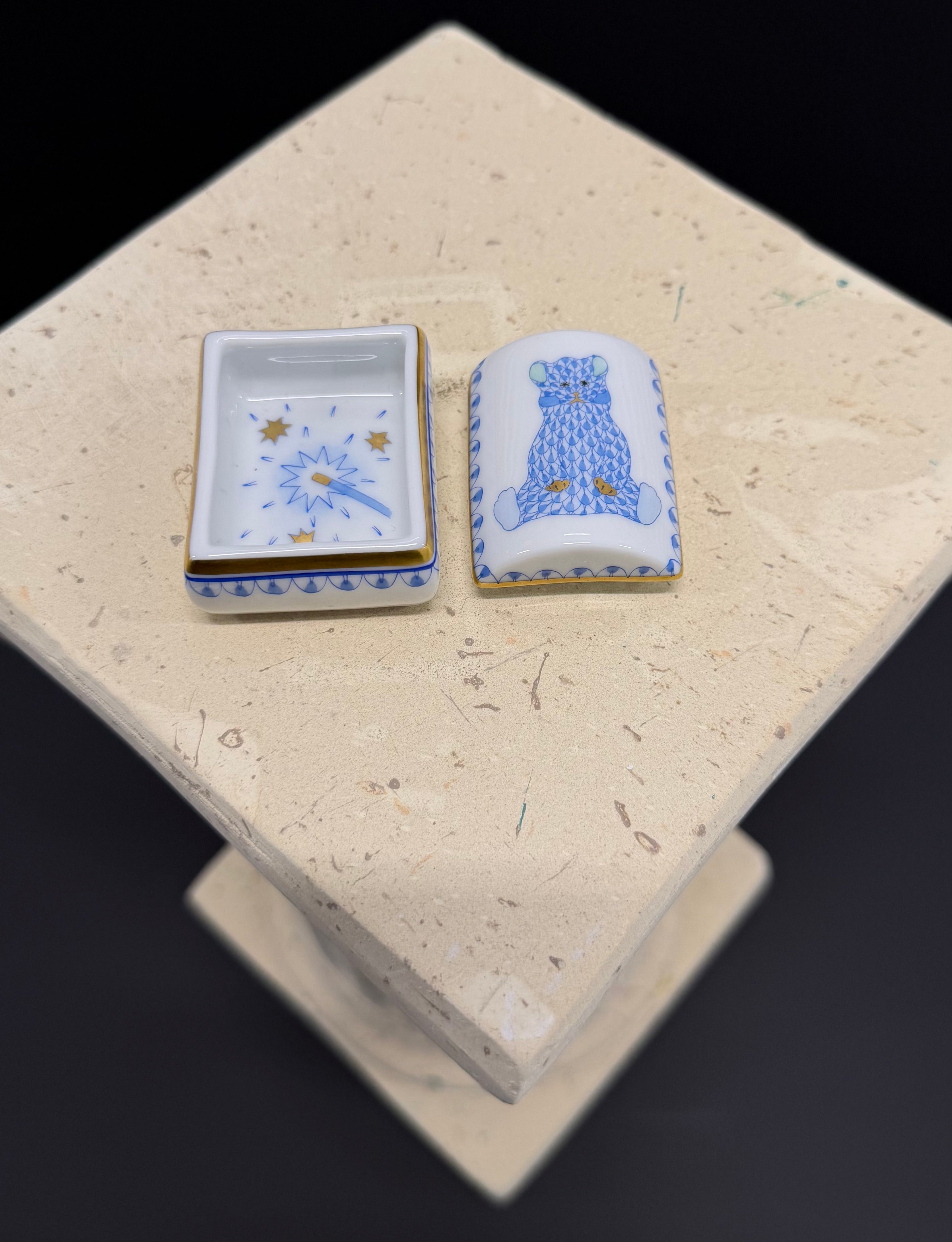 Herend Blue Fishnet Bear Tooth Fairy Trinket Box