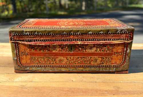 19th Century Red Painted Leather Top Wooden Camphor Trunk With Brass Mounts image 0