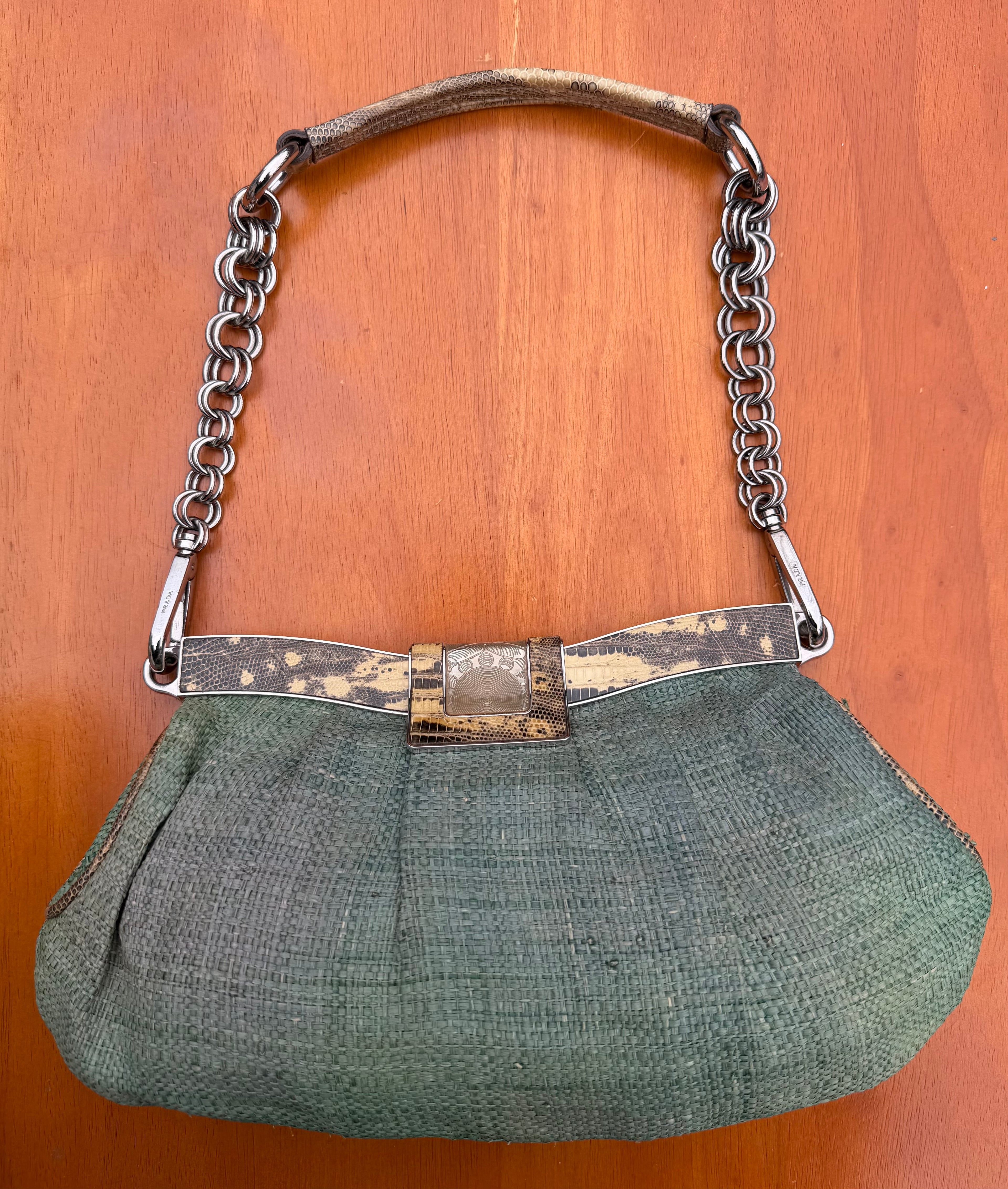 Rare Vintage Prada Raffia & Lizard Leather Bag