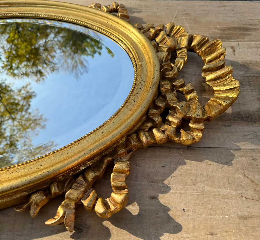 LaBarge French Louis XVI Gilt Wood Oval Mirror Ribbon Design