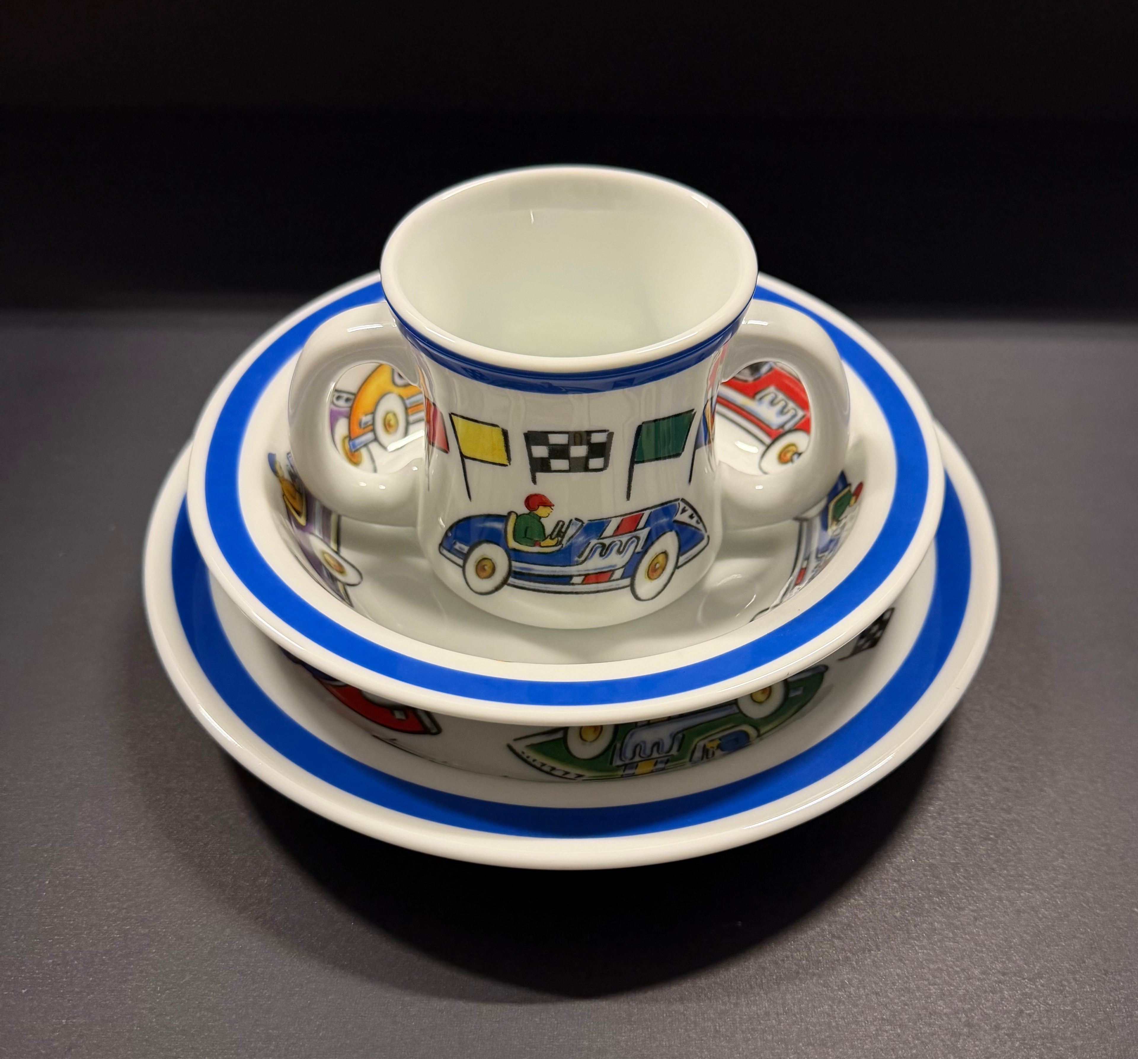 Tiffany & Co. Child's Dining Set Race Cars 2002 Plate, Bowl & Cup