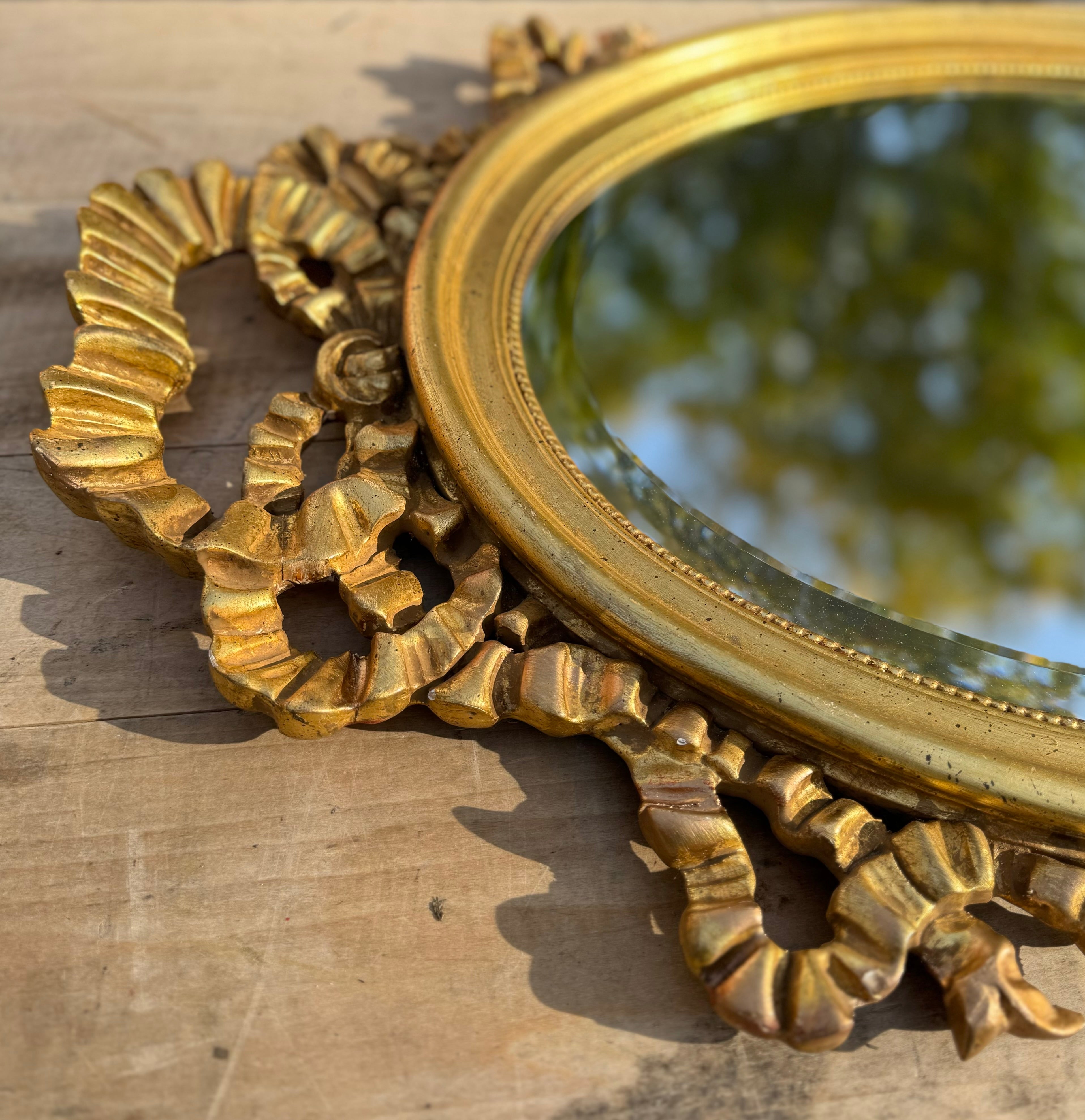 LaBarge French Louis XVI Gilt Wood Oval Mirror Ribbon Design