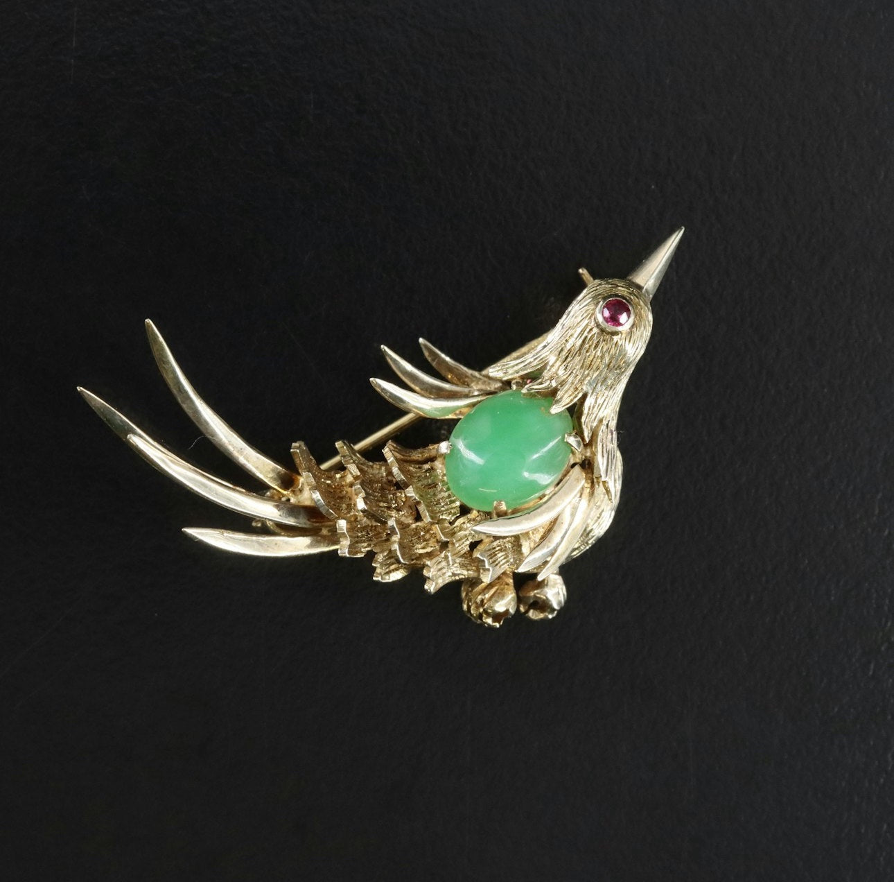 14k Chrysoprase &amp; Ruby Bird Brooch image 0