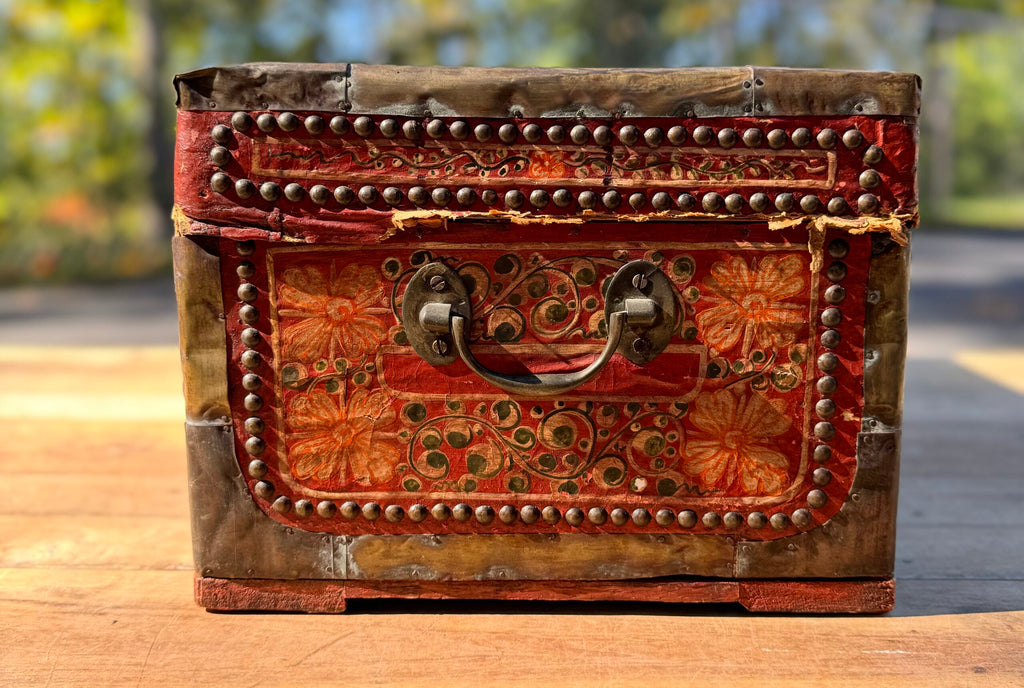 19th Century Red Painted Leather Top Wooden Camphor Trunk With Brass Mounts image 6