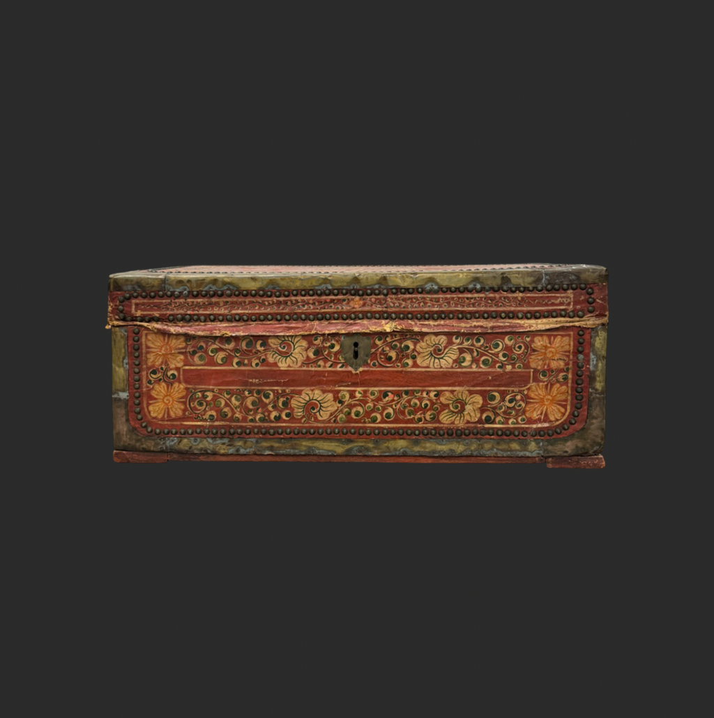 19th Century Red Painted Leather Top Wooden Camphor Trunk With Brass Mounts