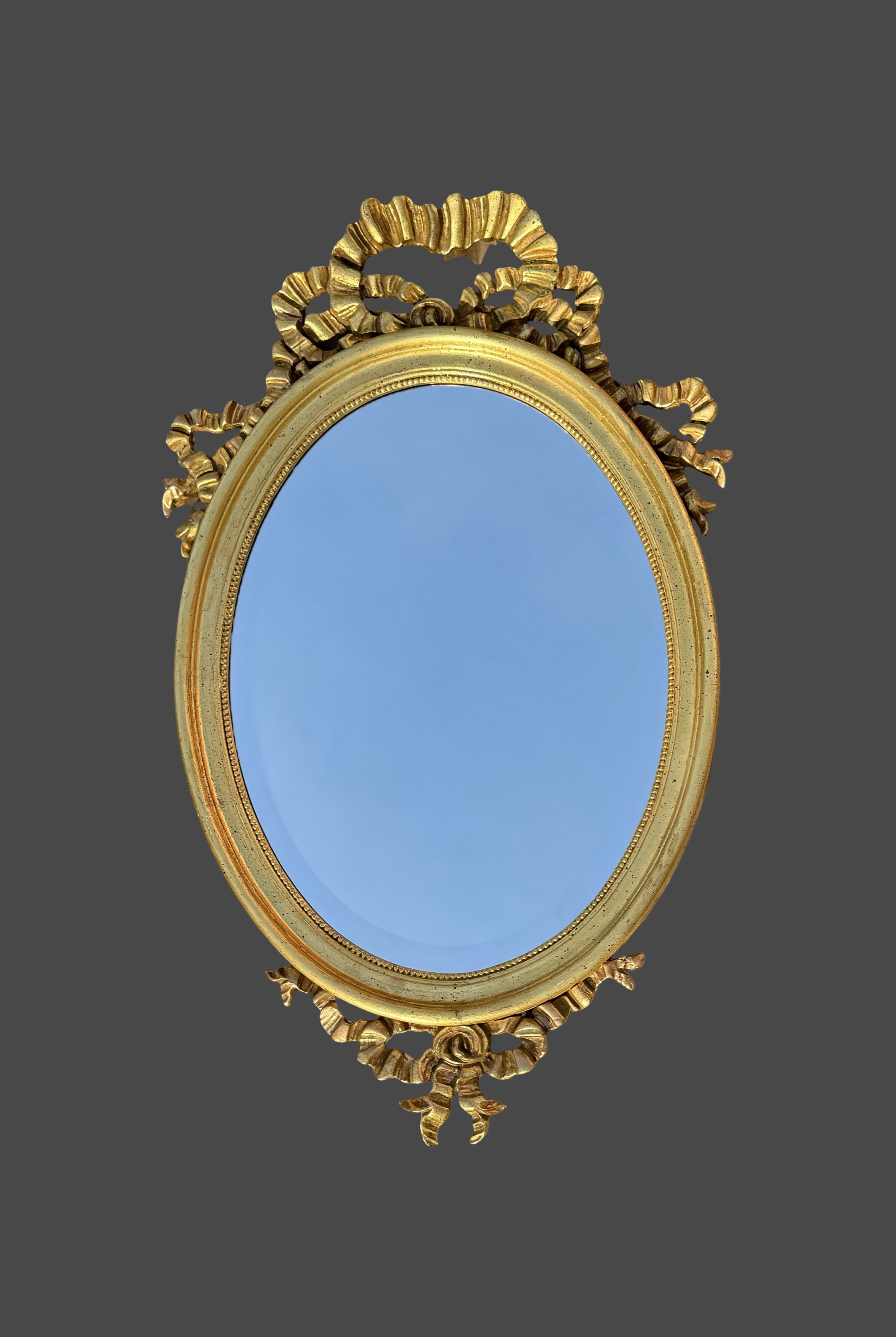 LaBarge French Louis XVI Gilt Wood Oval Mirror Ribbon Design