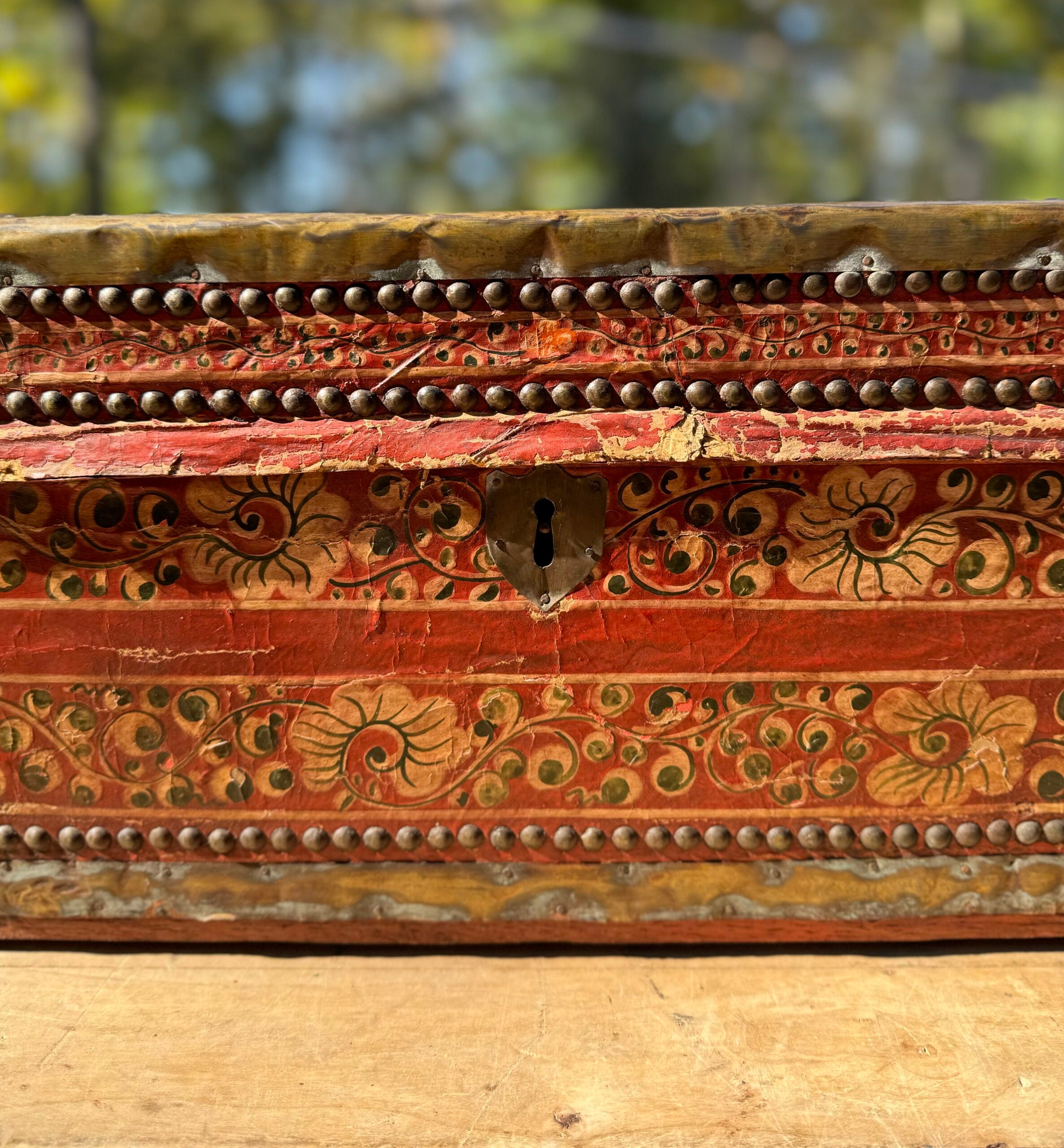 19th Century Red Painted Leather Top Wooden Camphor Trunk With Brass Mounts image 1