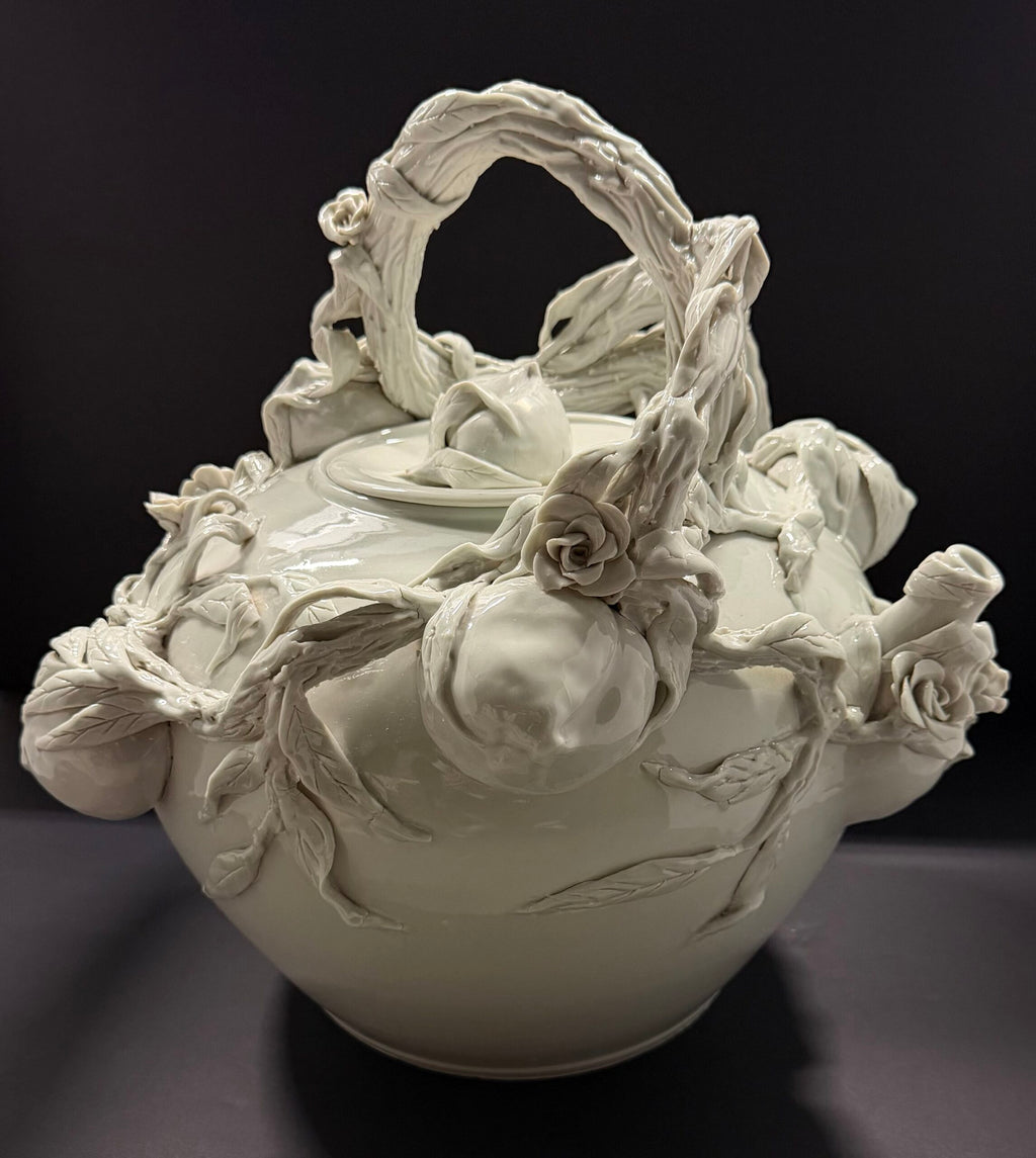 Large Chinese Blanc De Shine Tea Pot Raised Peach &amp; Floral Decoration image 0