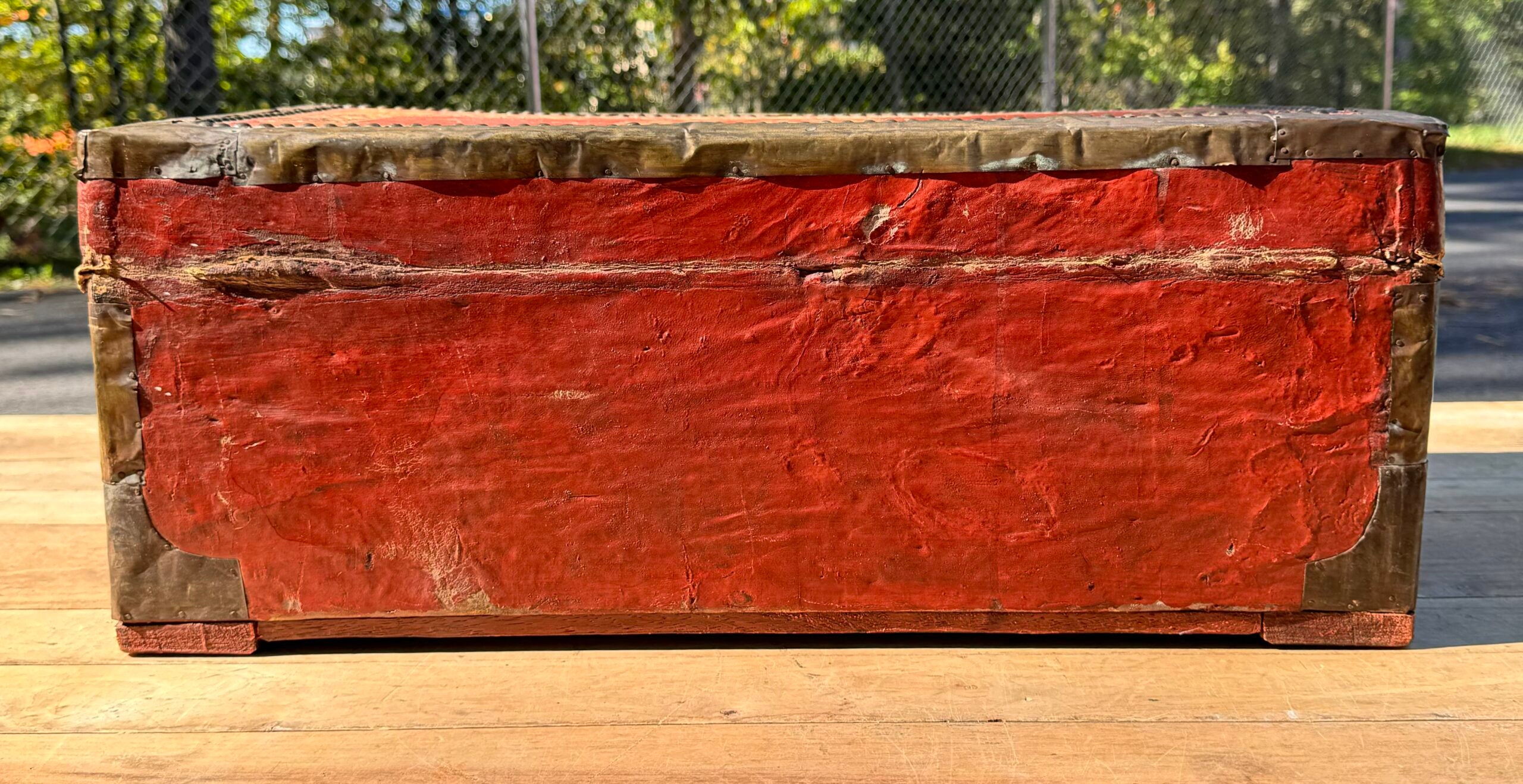 19th Century Red Painted Leather Top Wooden Camphor Trunk With Brass Mounts image 4