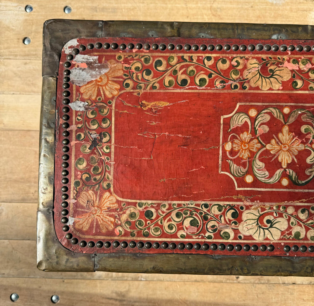 19th Century Red Painted Leather Top Wooden Camphor Trunk With Brass Mounts image 2