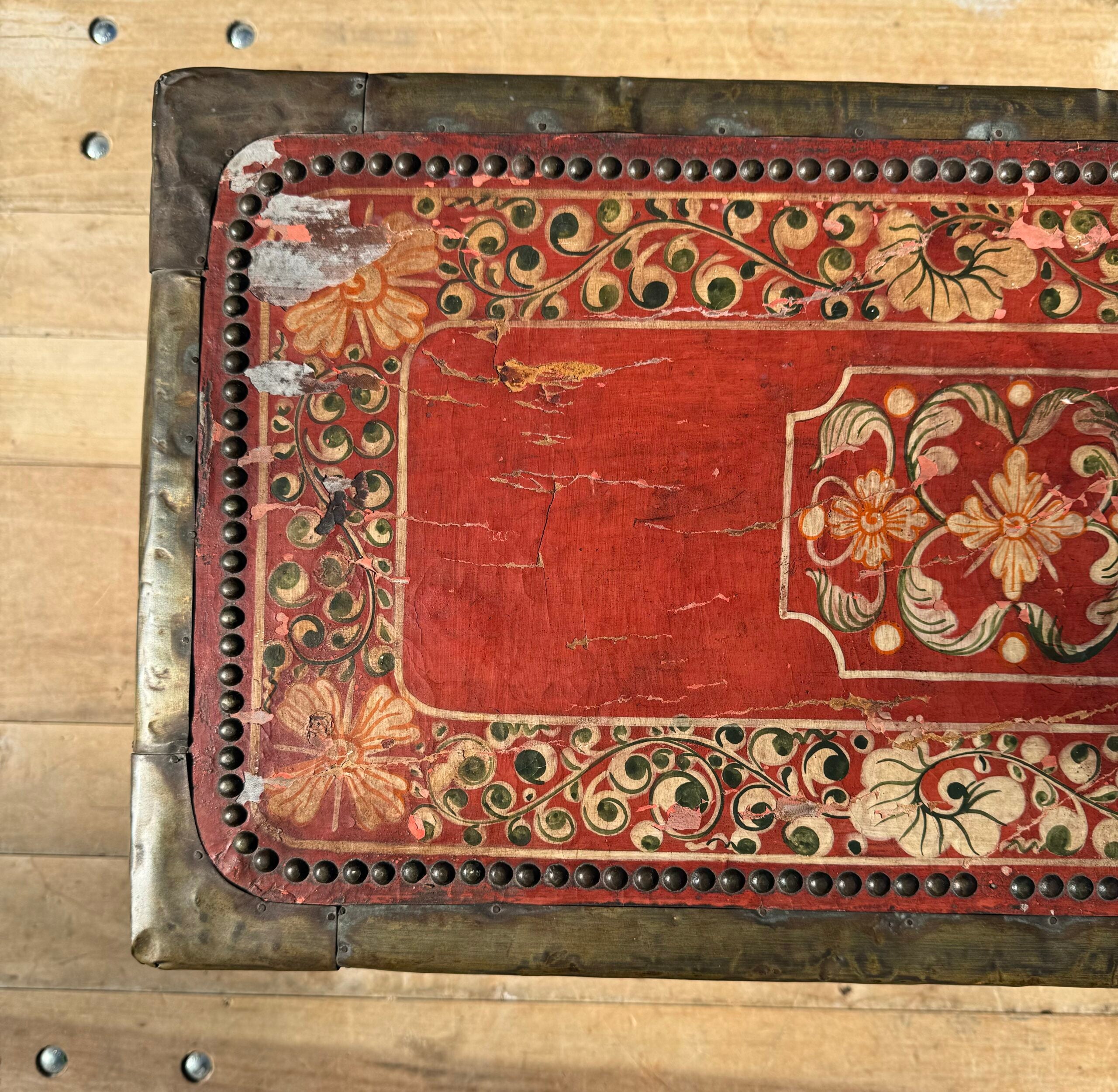19th Century Red Painted Leather Top Wooden Camphor Trunk With Brass Mounts image 2
