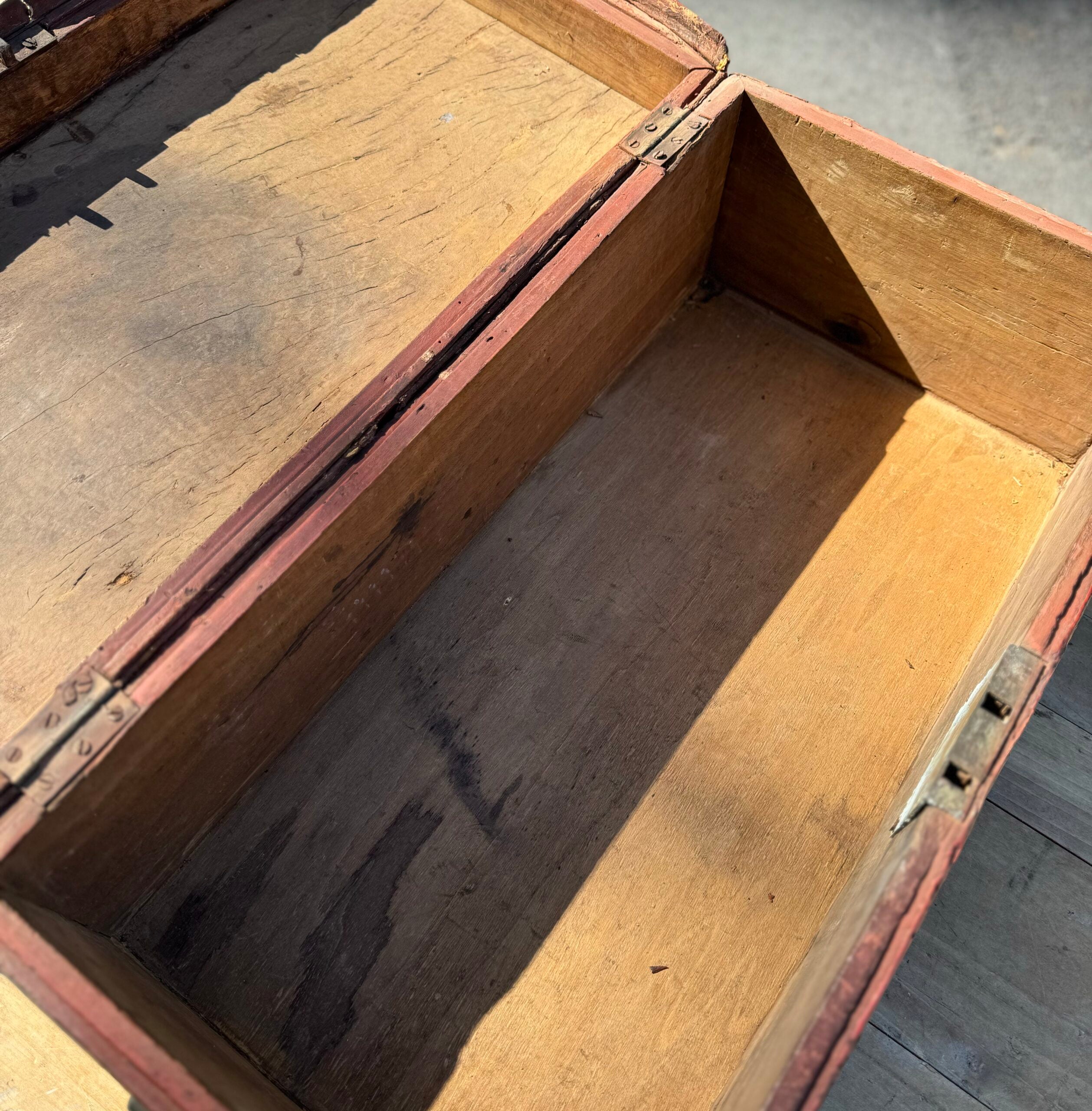 19th Century Red Painted Leather Top Wooden Camphor Trunk With Brass Mounts image 5