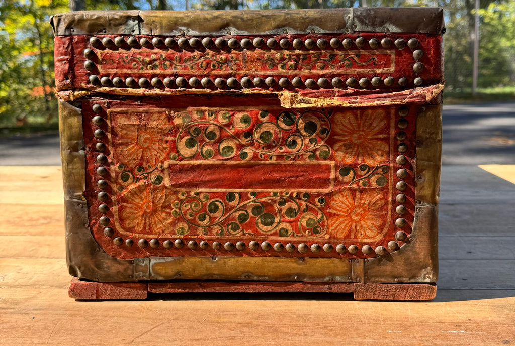 19th Century Red Painted Leather Top Wooden Camphor Trunk With Brass Mounts image 3